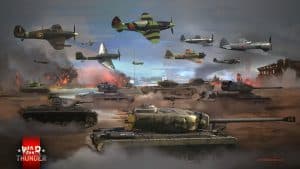 Kampfflugzeuge und Panzer auf einem Schlachtfeld