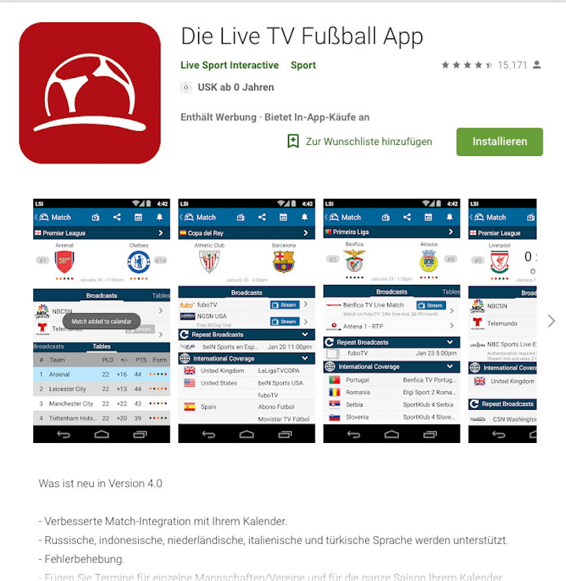 Screenshot der Live Soccer TV App Seite im Google Play Store